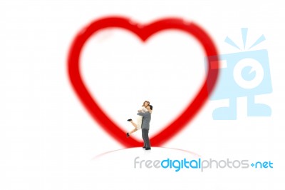 Miniature Couple Hugging And Red Heart On White Background, Stock Photo