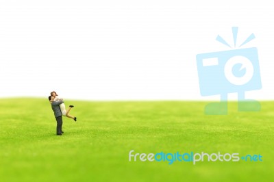 Miniature Couple Hugging On Green Fields Stock Photo