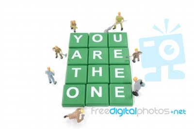 Miniature Worker Team Building Word You Are The One On White Background Stock Photo