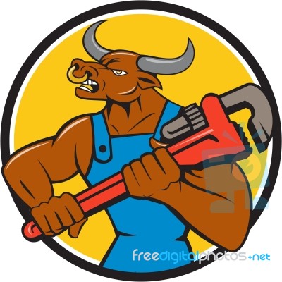 Minotaur Bull Plumber Wrench Circle Cartoon Stock Image