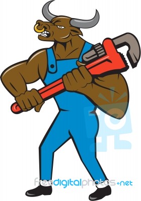 Minotaur Bull Plumber Wrench Isolated Cartoon Stock Image