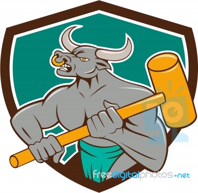 Minotaur Wielding Sledgehammer Shield Cartoon Stock Image