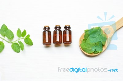 Mint Essential Oil In A Glass Bottle With Leaves Stock Photo