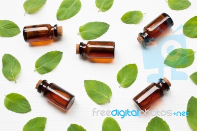 Mint Essential Oil In A Glass Bottle With Leaves Stock Photo