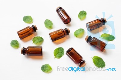 Mint Essential Oil In A Glass Bottle With Leaves On White Backgr… Stock Photo