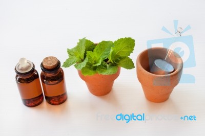 Mint Essential Oil In A Glass Bottle With Leaves On White Backgr… Stock Photo