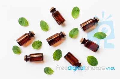 Mint Essential Oil In A Glass Bottle With Leaves On White Backgr… Stock Photo