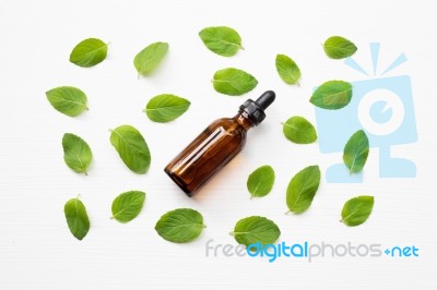 Mint Essential Oil In A Glass Bottle With Leaves On White Backgr… Stock Photo