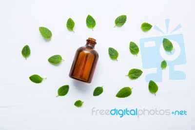 Mint Essential Oil In A Glass Bottle With Leaves On White Backgr… Stock Photo