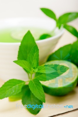 Mint Infusion Tea Tisane With Lime Stock Photo