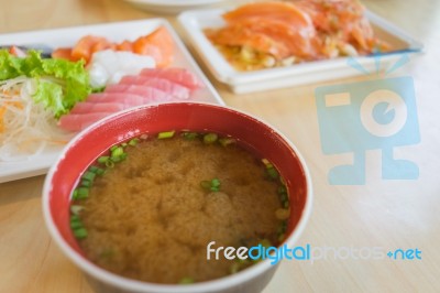 Miso Soup And Blur Other Salmon Fish Raw On Table Wood In Restua… Stock Photo