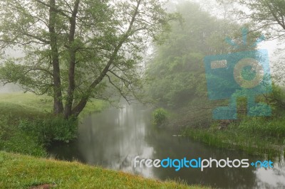 Misty Morning On The Small River Stock Photo