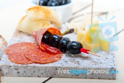 Mix Cold Cut On A Stone With Fresh Pears Stock Photo