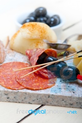 Mix Cold Cut On A Stone With Fresh Pears Stock Photo