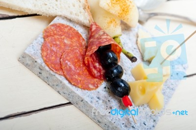 Mix Cold Cut On A Stone With Fresh Pears Stock Photo