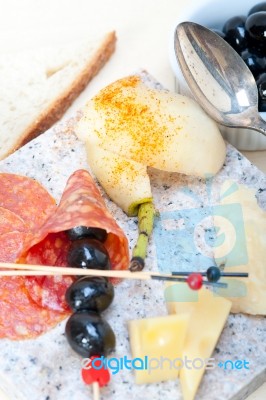 Mix Cold Cut On A Stone With Fresh Pears Stock Photo