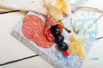 Mix Cold Cut On A Stone With Fresh Pears Stock Photo