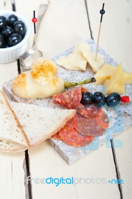 Mix Cold Cut On A Stone With Fresh Pears Stock Photo