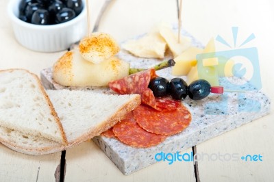 Mix Cold Cut On A Stone With Fresh Pears Stock Photo