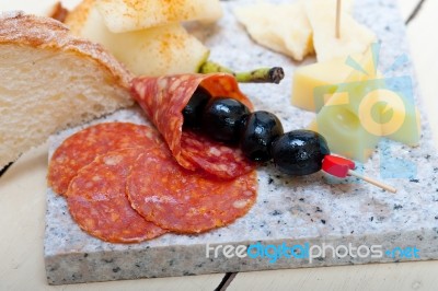 Mix Cold Cut On A Stone With Fresh Pears Stock Photo