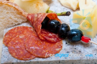 Mix Cold Cut On A Stone With Fresh Pears Stock Photo