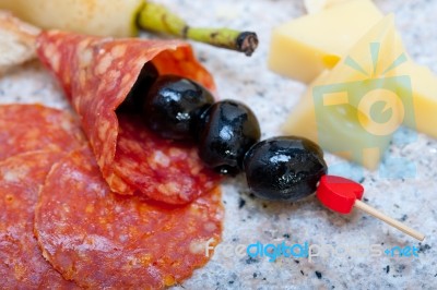 Mix Cold Cut On A Stone With Fresh Pears Stock Photo