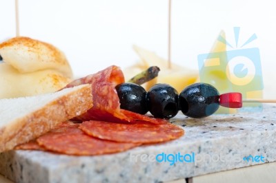 Mix Cold Cut On A Stone With Fresh Pears Stock Photo