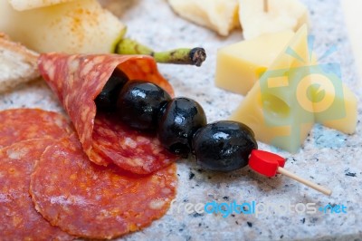 Mix Cold Cut On A Stone With Fresh Pears Stock Photo