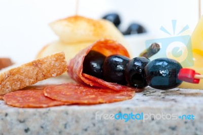 Mix Cold Cut On A Stone With Fresh Pears Stock Photo