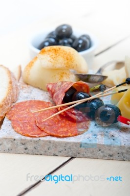 Mix Cold Cut On A Stone With Fresh Pears Stock Photo