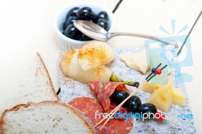 Mix Cold Cut On A Stone With Fresh Pears Stock Photo