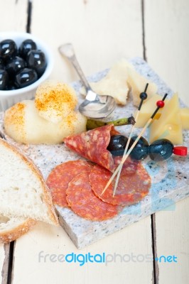 Mix Cold Cut On A Stone With Fresh Pears Stock Photo