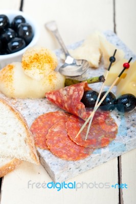 Mix Cold Cut On A Stone With Fresh Pears Stock Photo