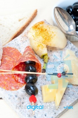 Mix Cold Cut On A Stone With Fresh Pears Stock Photo