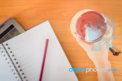 Mix Fruit Juice On Writer Working Table Stock Photo