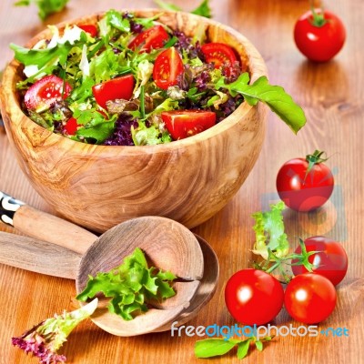 Mixed Lettuce Salad And Tomatoes Stock Photo