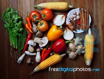 Mixed Of Asian Vegetable On Wood Table Top Stock Photo