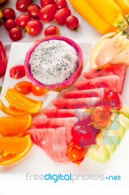 Mixed Plate Of Fresh Sliced Fruits Stock Photo