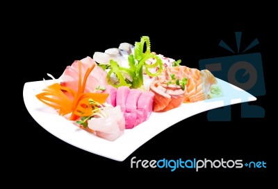 Mixed Sashimi In White Plate Isolated On Black Background,with C… Stock Photo