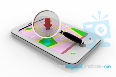 Mobile Map With Magnifying Glass Stock Image