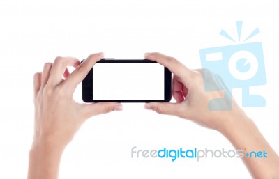 Mobile Phone In Female Hand Isolated On A White Background, To C… Stock Photo