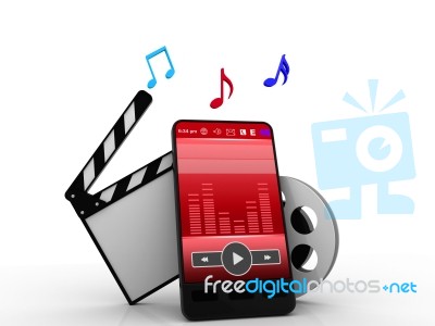 Mobile Phone , Music Symbols, And Clapperboard With Reels Of Fil… Stock Image