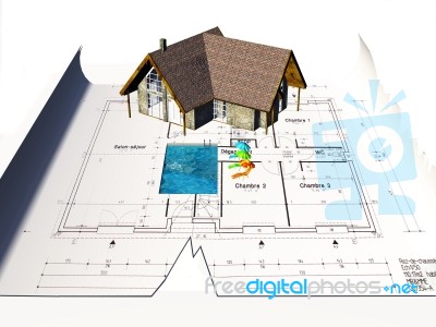 Model house with blueprint Stock Image