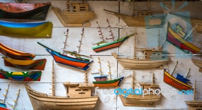 Model Sail Boats Made Of Wood Waiting In Paraty, State Rio De Ja… Stock Photo