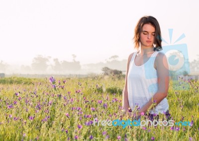 Model Sitting In Field Stock Photo