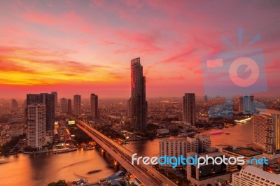 Modern Building At Riverside In The Evening Stock Photo