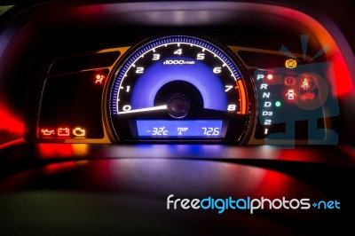 Modern Car Instrument Dashboard Panel Full Symbol In Night Time Stock Photo