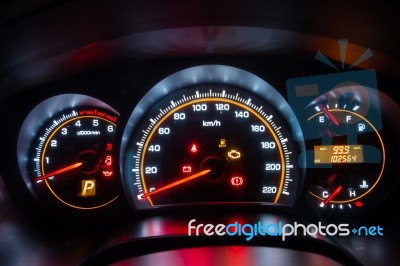 Modern Car Instrument Dashboard Panel In Night Time Stock Photo