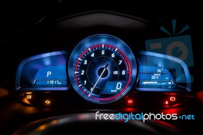 Modern Car Instrument Dashboard Panel Or Speedometer In Night Time Stock Photo