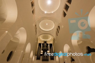 Modern Church Interior With Organ Stock Photo